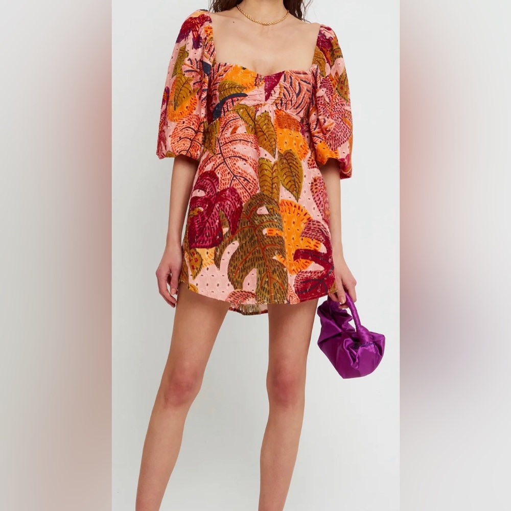 Kourt Tropical Leaf Puff‎ Sleeve Mini Dress Pink Orange Multicolor Size S NWT